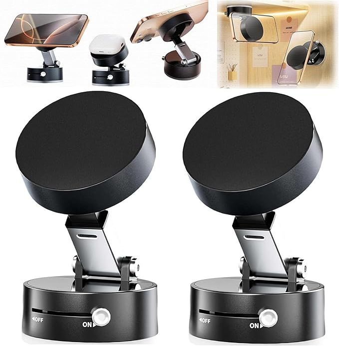 2Pcs Vacuum Suction Magnetic Car Phone Holder, Azonee 360° Rotatable & Folding Phone Mount with Strong Grip, Hands-Free Use in Car, Gym, Home, for Magsafe Phones & Android (Black + Black)